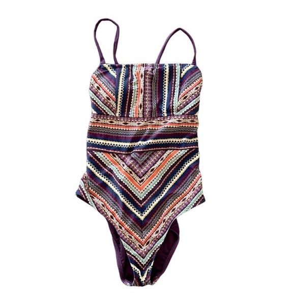 Mossimo Tribal Burgundy One Piece Swimsuit Lace Up Back Size Large - Picture 1 of 5